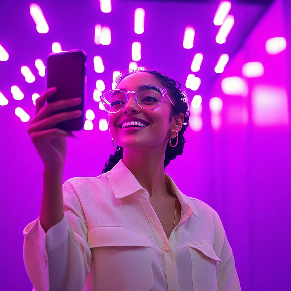 Influenciadora digital criada por IA fazendo um vídeo pelo celular.