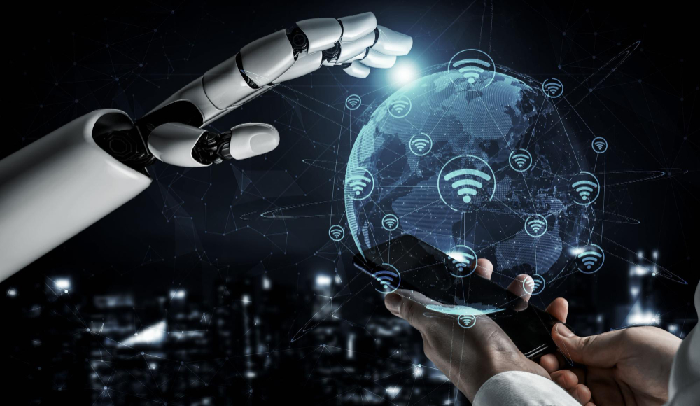 Mão robótica representando a IA tocando uma Terra digital.